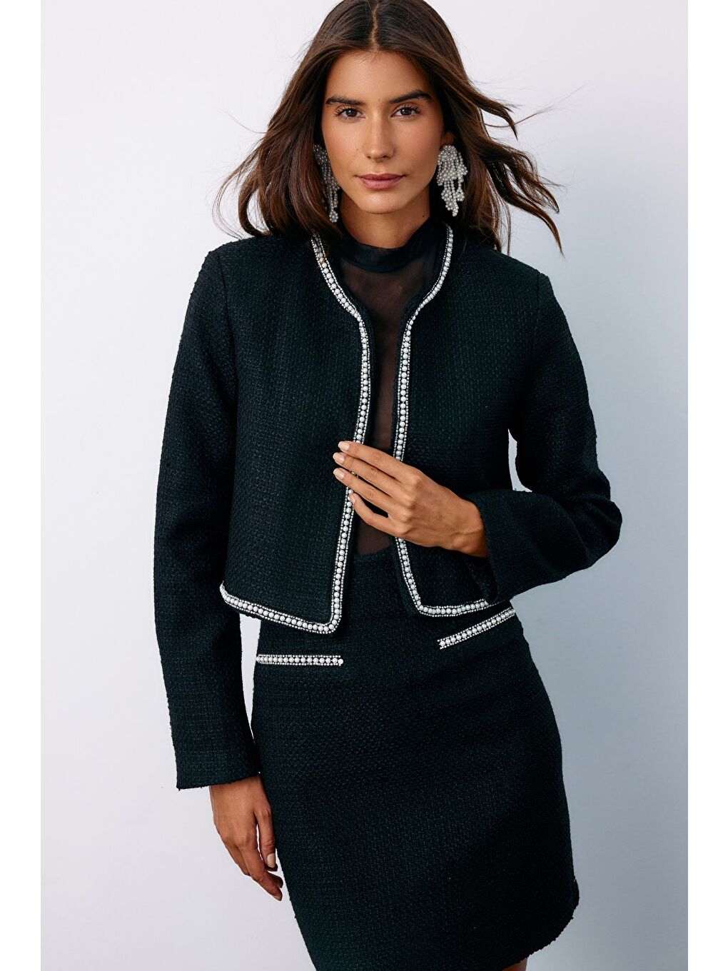 Aksesuar Detaylı Tüvit Ceket - Siyah-1