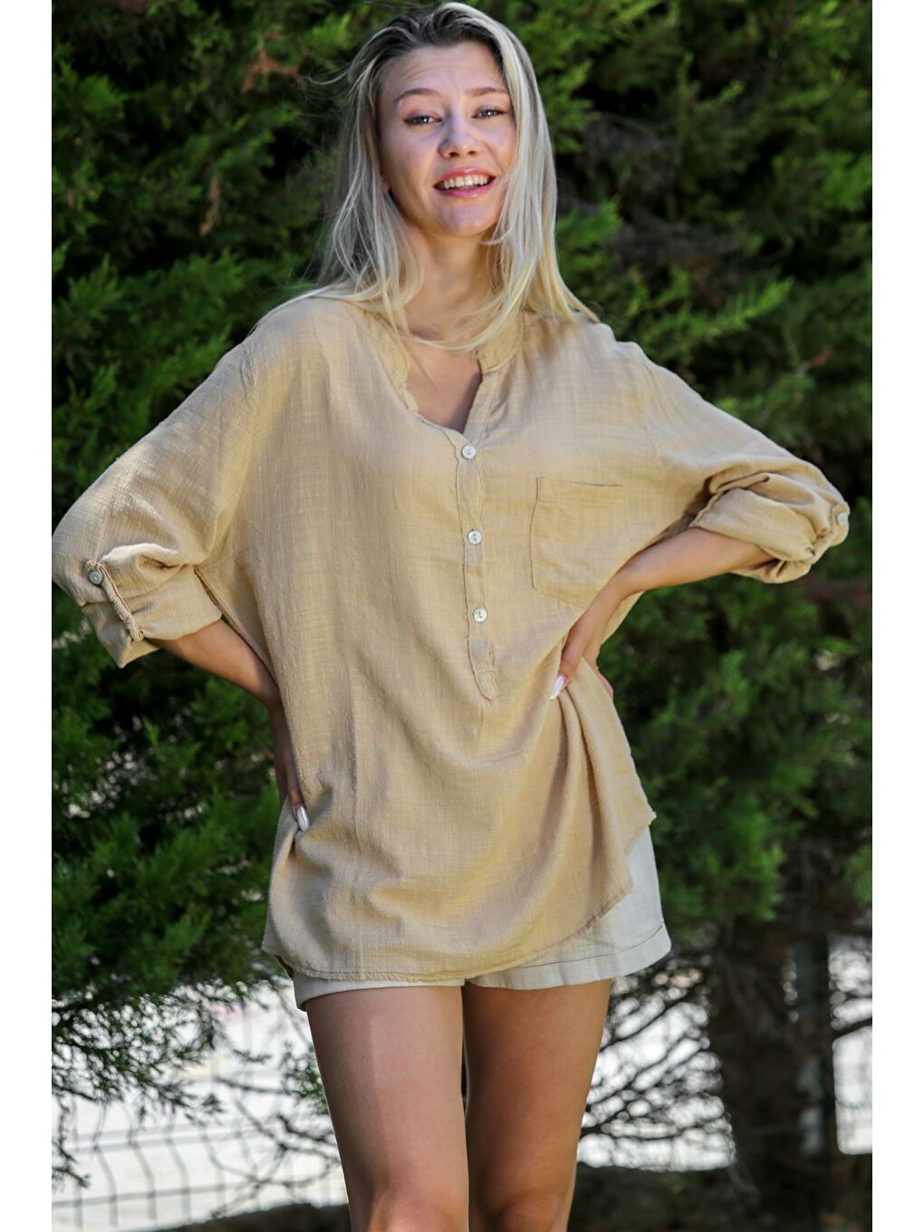 Koyu Bej Hakim Yaka Düğmeli Uzun Kollu Düğmeli Cepli Yıkamalı Dokuma Casual Pamuklu Bluz-3