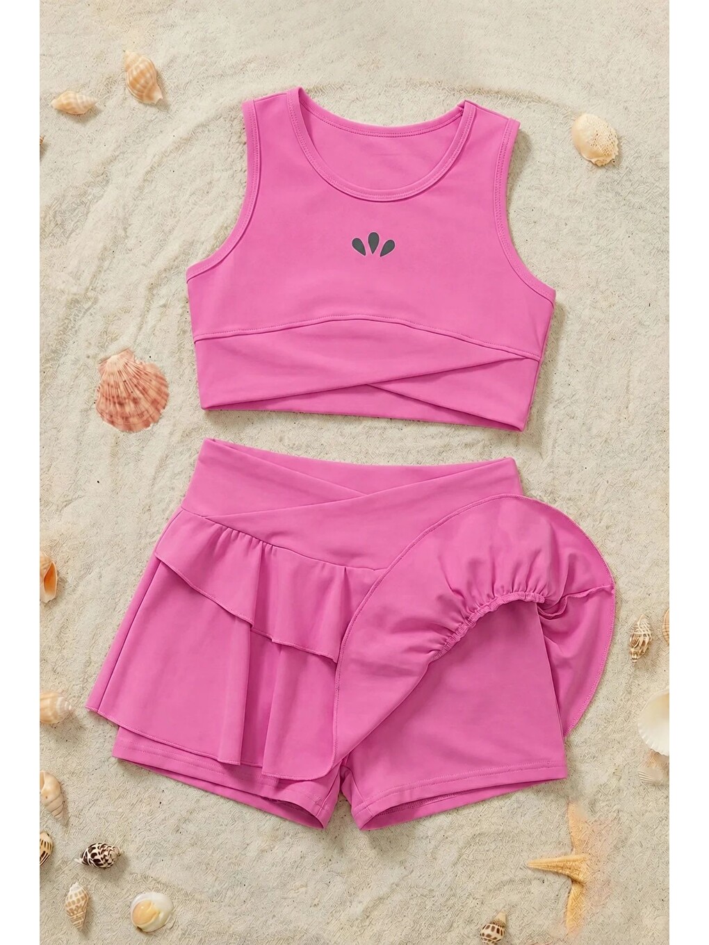 Pembe Kız Çocuk Sportif Pudra Renk Crop - Şort Etek Alt Üst - Takım-2