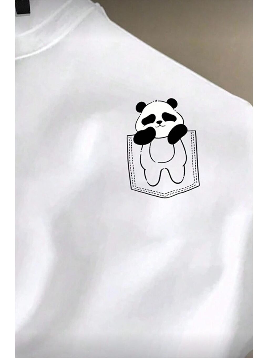 Beyaz Cepte Panda Baskılı Oversize Unisex Pamuklu Tişört Battal Büyük Beden Tshirt-1
