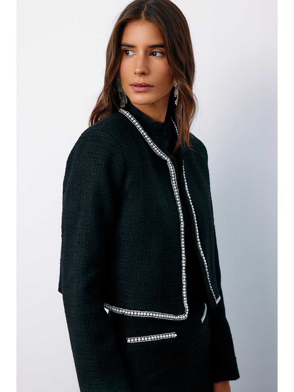 Aksesuar Detaylı Tüvit Ceket - Siyah-3