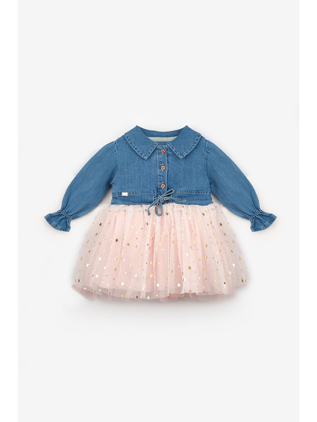 Pembe Pudra Yıldızlı Tül Etekli Kız Bebek Elbise - Florine