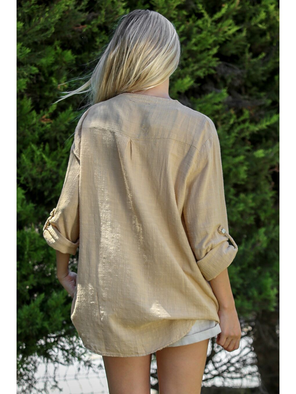 Koyu Bej Hakim Yaka Düğmeli Uzun Kollu Düğmeli Cepli Yıkamalı Dokuma Casual Pamuklu Bluz-7