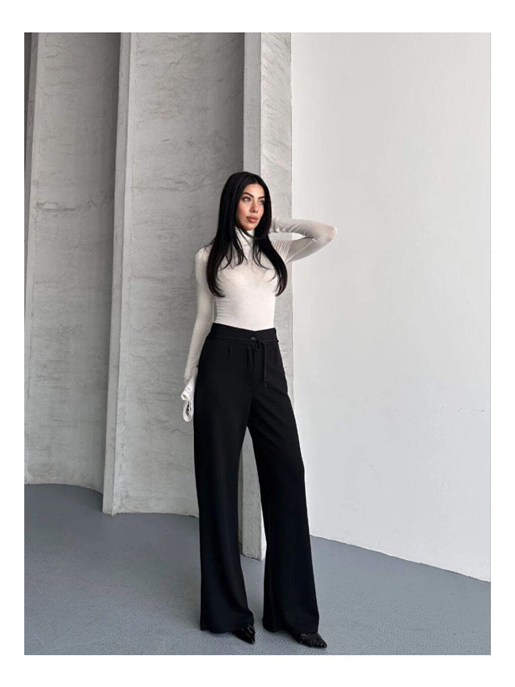 Modal Kumaş Bel Detay Pantalon Siyah-1