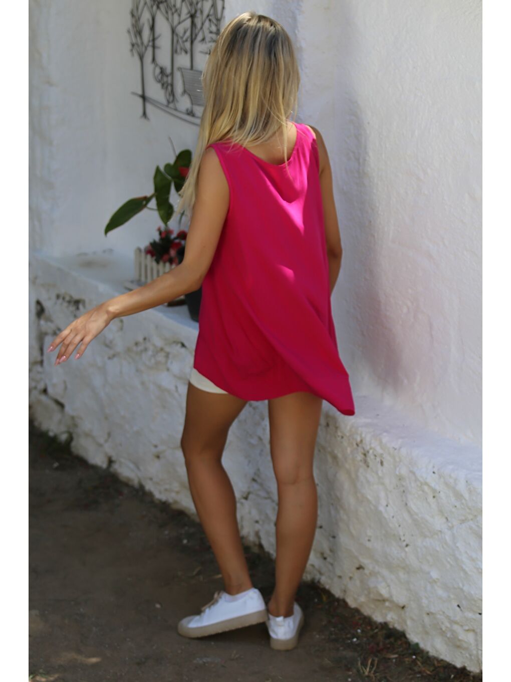 İtalyan Pembe Havuz Yaka Kolsuz Etek Ucu Oval Arkası Uzun Dokuma Casual Bluz-7