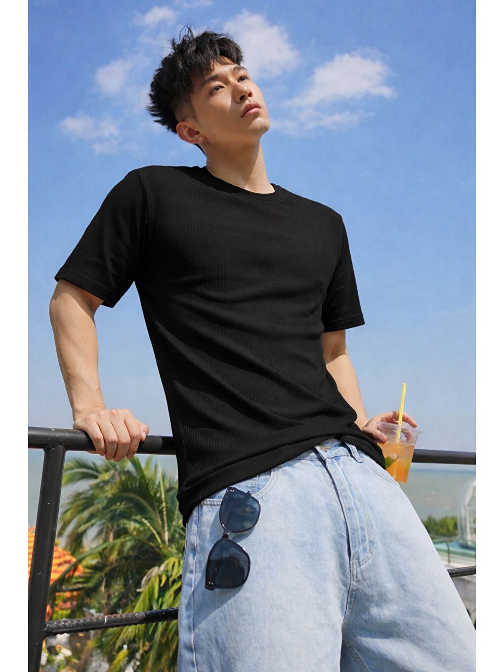 Siyah Erkek Jakarlı Oversize Tişört Bisiklet Yaka Rahat Kalıp Yazlık Basic T-Shirt