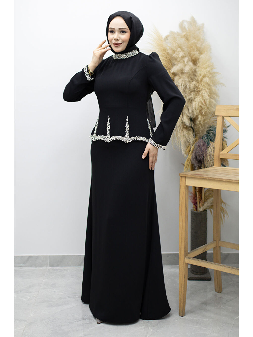 Taş İşlemeli Peplum Abiye TSD260195 Siyah