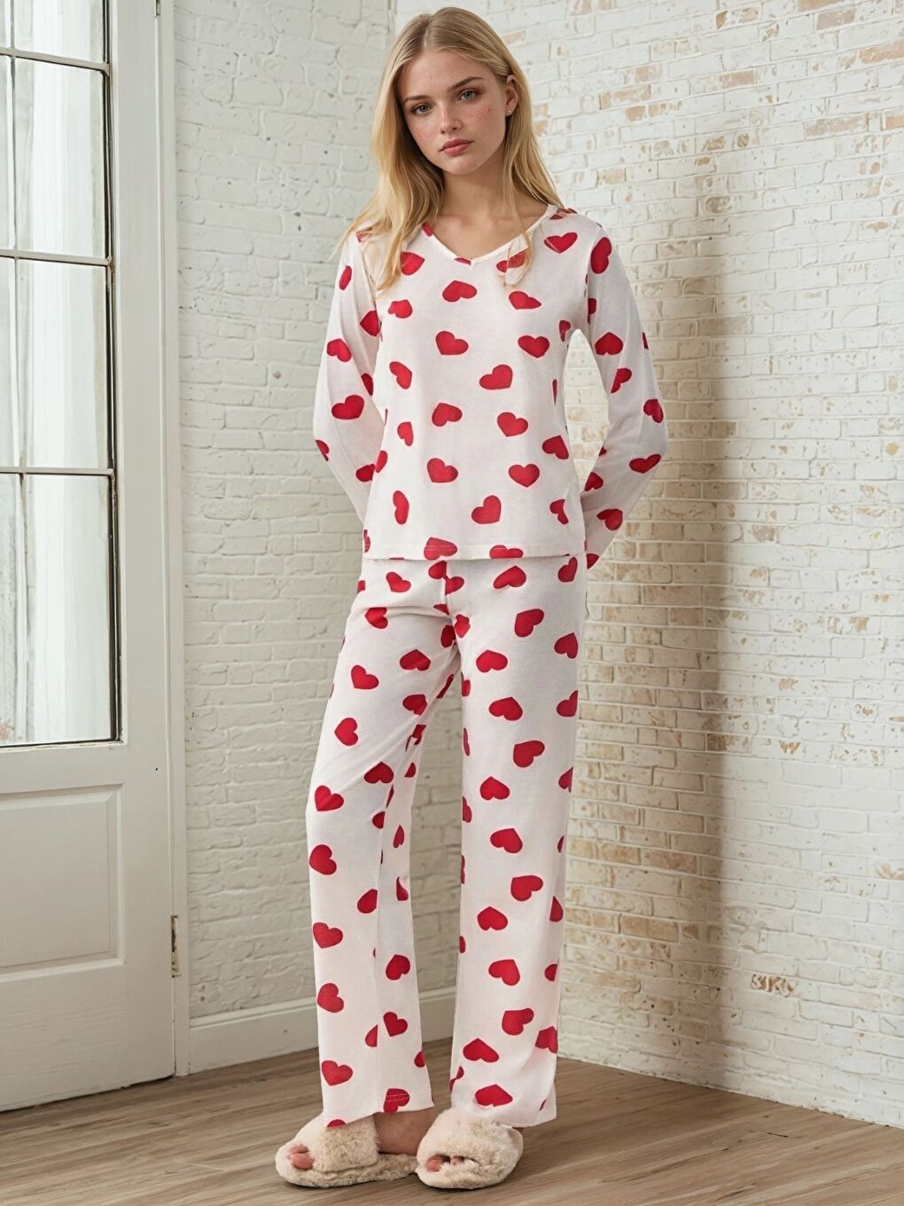 Beyaz Uzun Kollu Kalp Desenli Pijama Seti-2