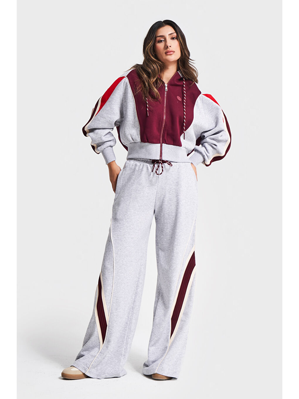 Kadın Gri Bordo Renk w5-107 Örme Kumaş Alt Üst 2'li Kombin Tasarım Eşofman Takım-1