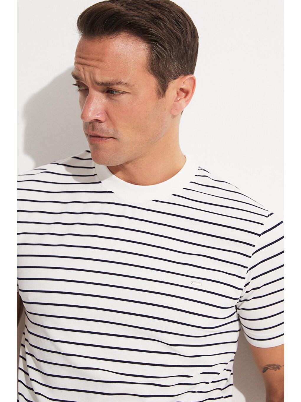 Beyaz Erkek Regular Fit Bisiklet Yaka Çizgili T-Shirt-3