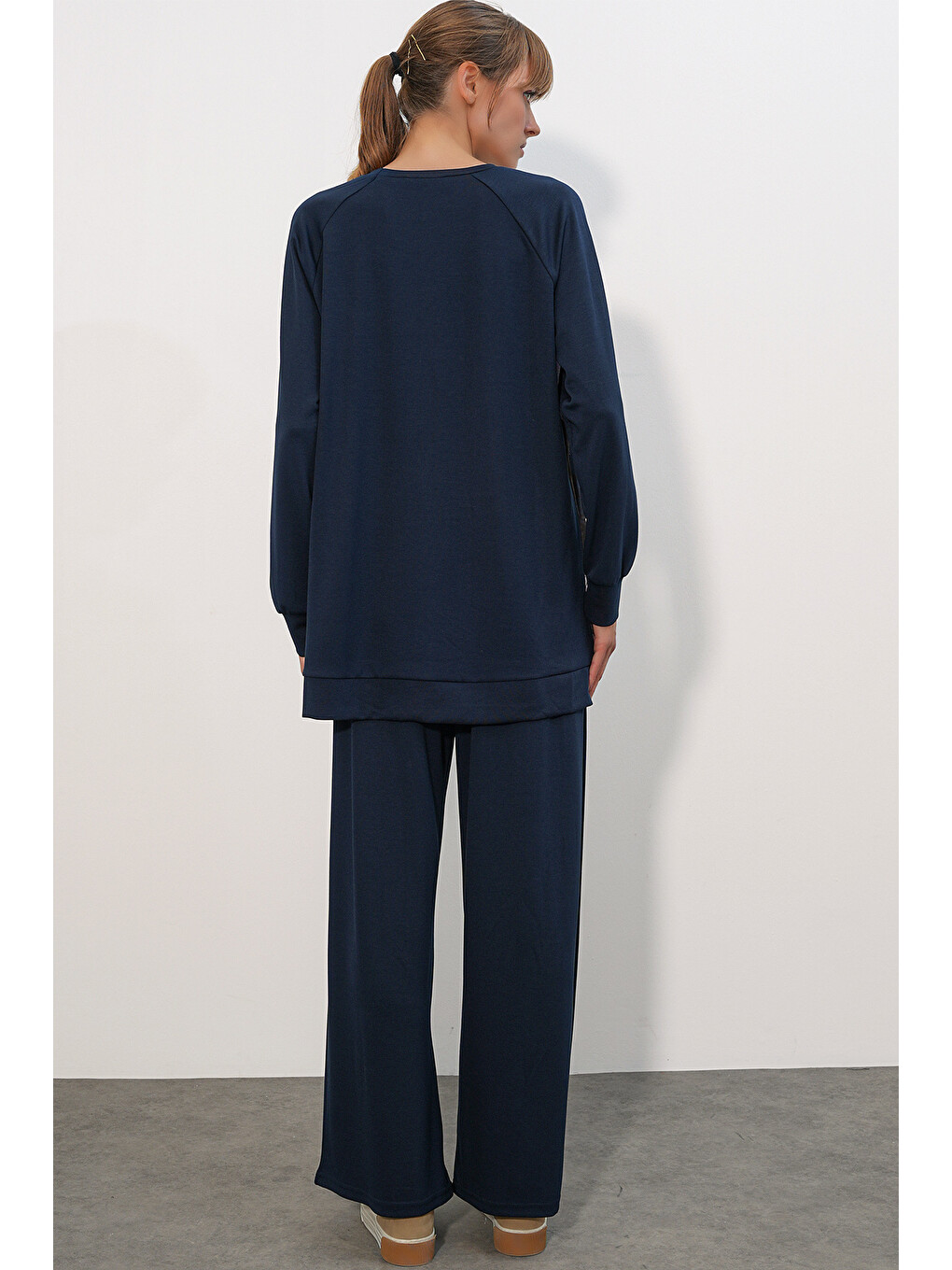 Kadın Desenli Oversize Tunik Pantolon İkili Takım 55462 - Lacivert-5