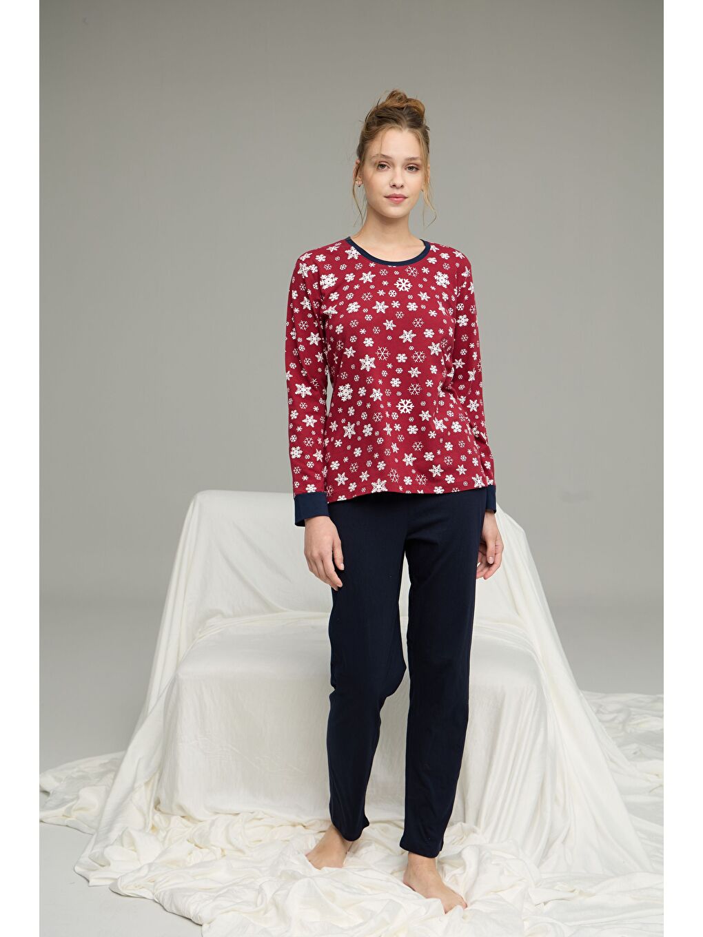 Bordo Kar Desenli Örme Pamuklu Pijama Takım25240240-1