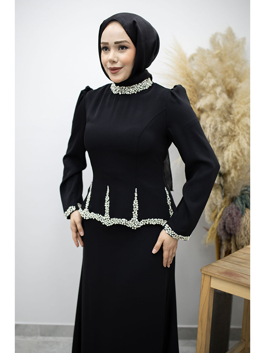 Taş İşlemeli Peplum Abiye TSD260195 Siyah-1