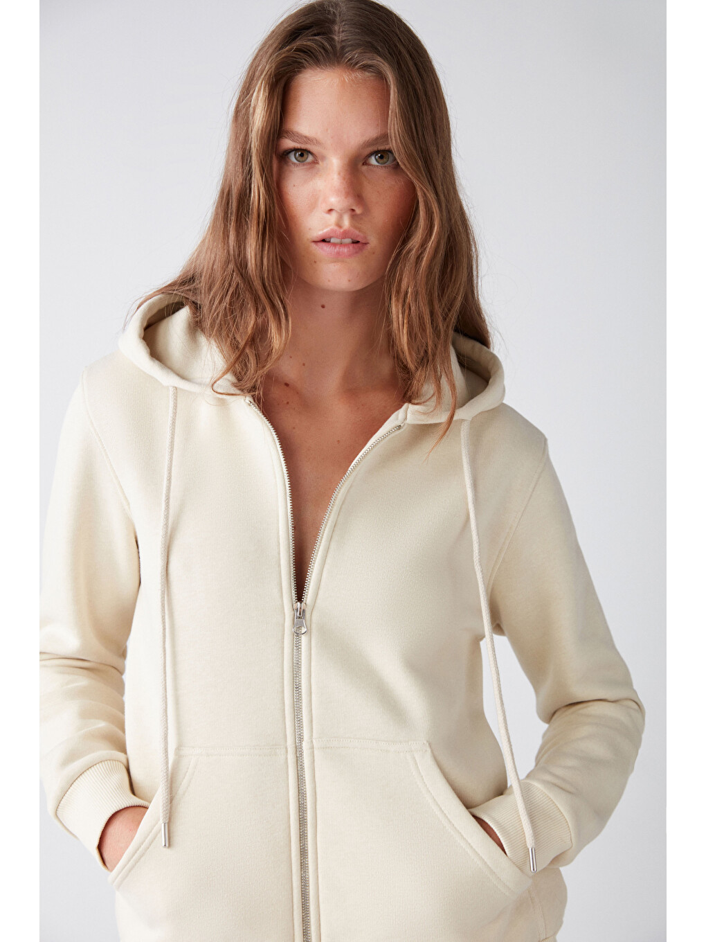 Bej Carlota Kadın Içi Polarlı Organik Kumaşlı Metal Fermuarlı Kapüşonlu Yumuşacık Vanilya Sweatshirt-1