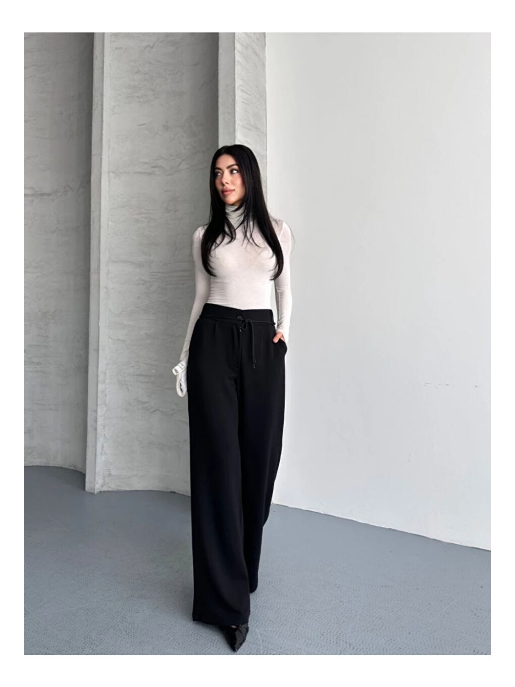 Modal Kumaş Bel Detay Pantalon Siyah-2