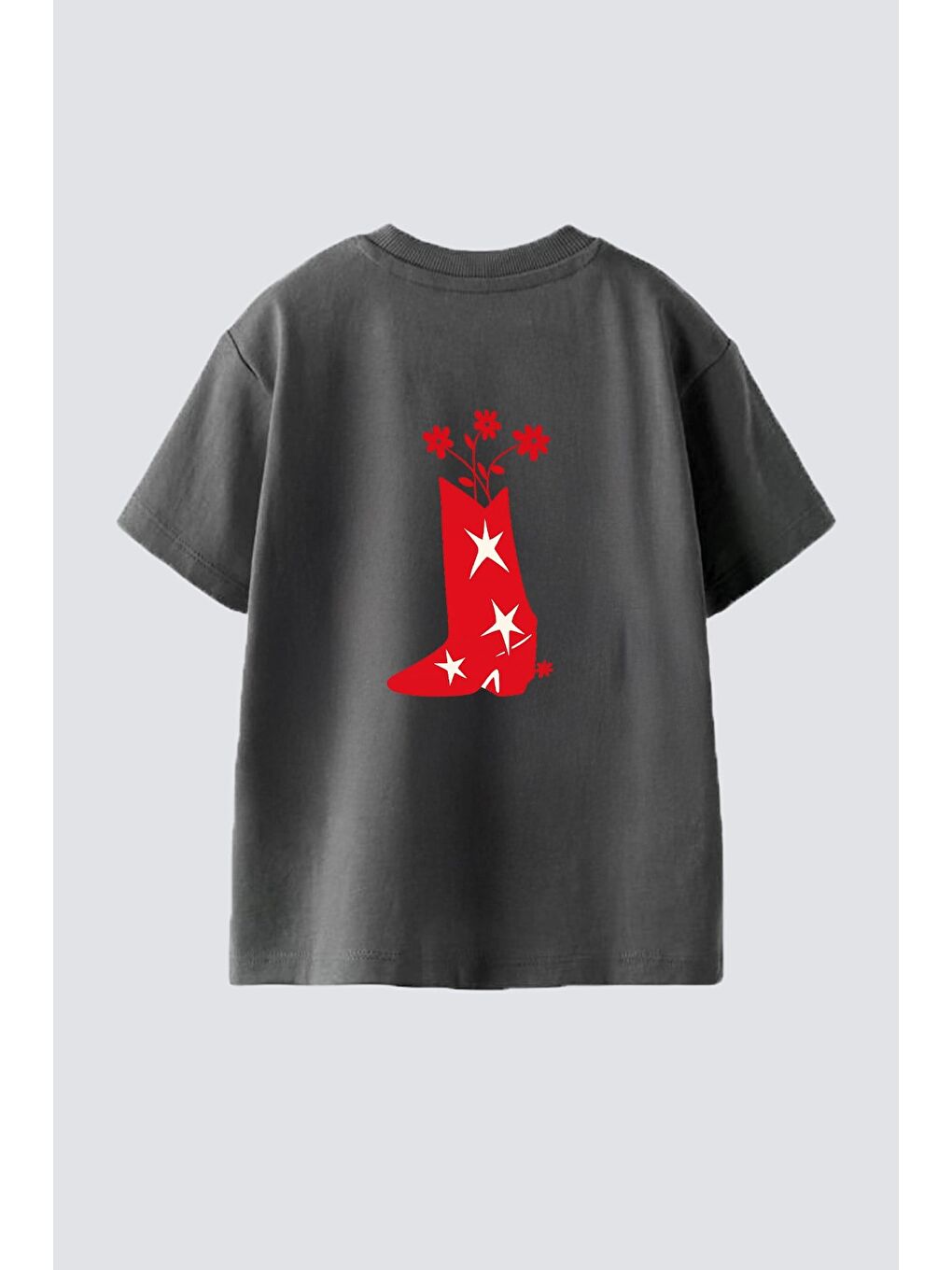 Antrasit Unisex Çocuk Pamuklu Bisiklet Yaka Sırtı Baskılı T-Shirt