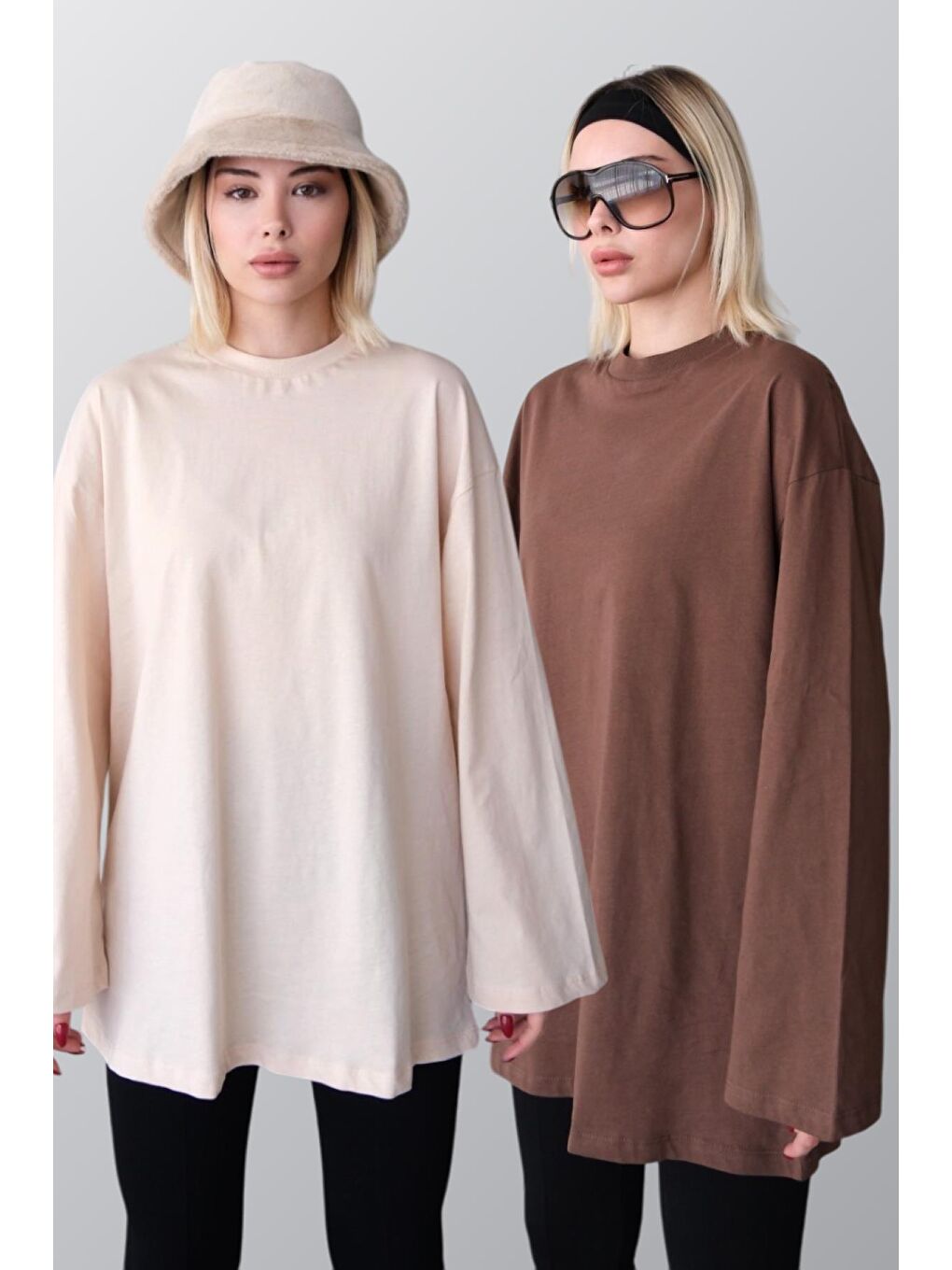 Geniş Kol Oversize 2'Li Paket T-Shirt 964 Bej/Kahverengi