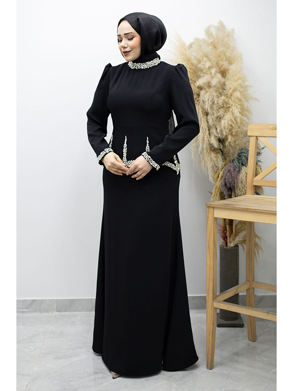 Taş İşlemeli Peplum Abiye TSD260195 Siyah-2