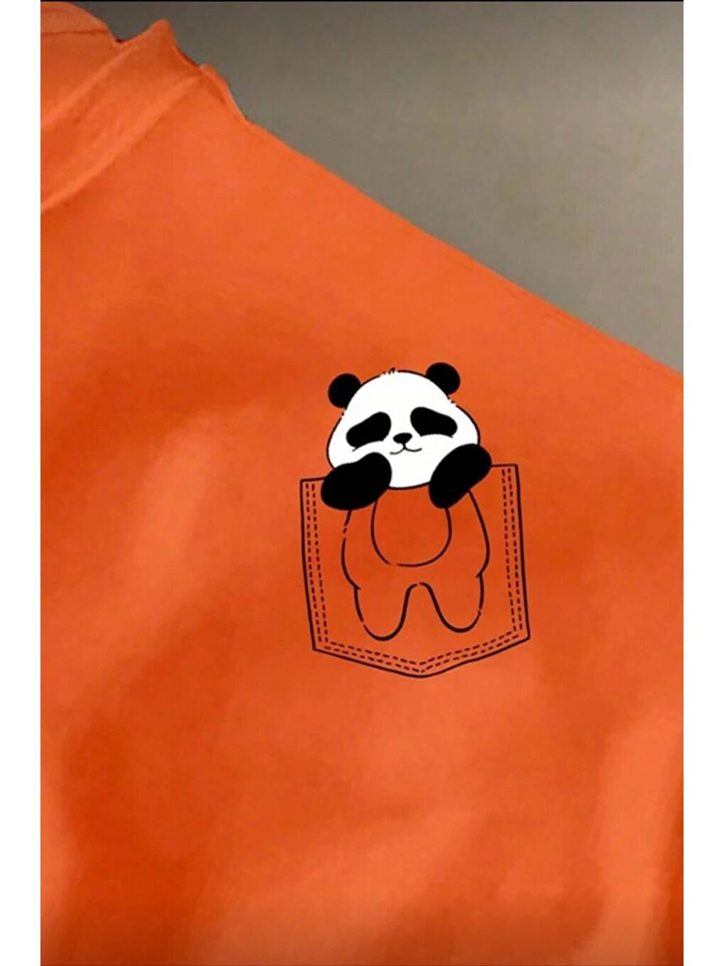 Turuncu Cepte Panda Baskılı Oversize Unisex Pamuklu Tişört Battal Büyük Beden Tshirt-1