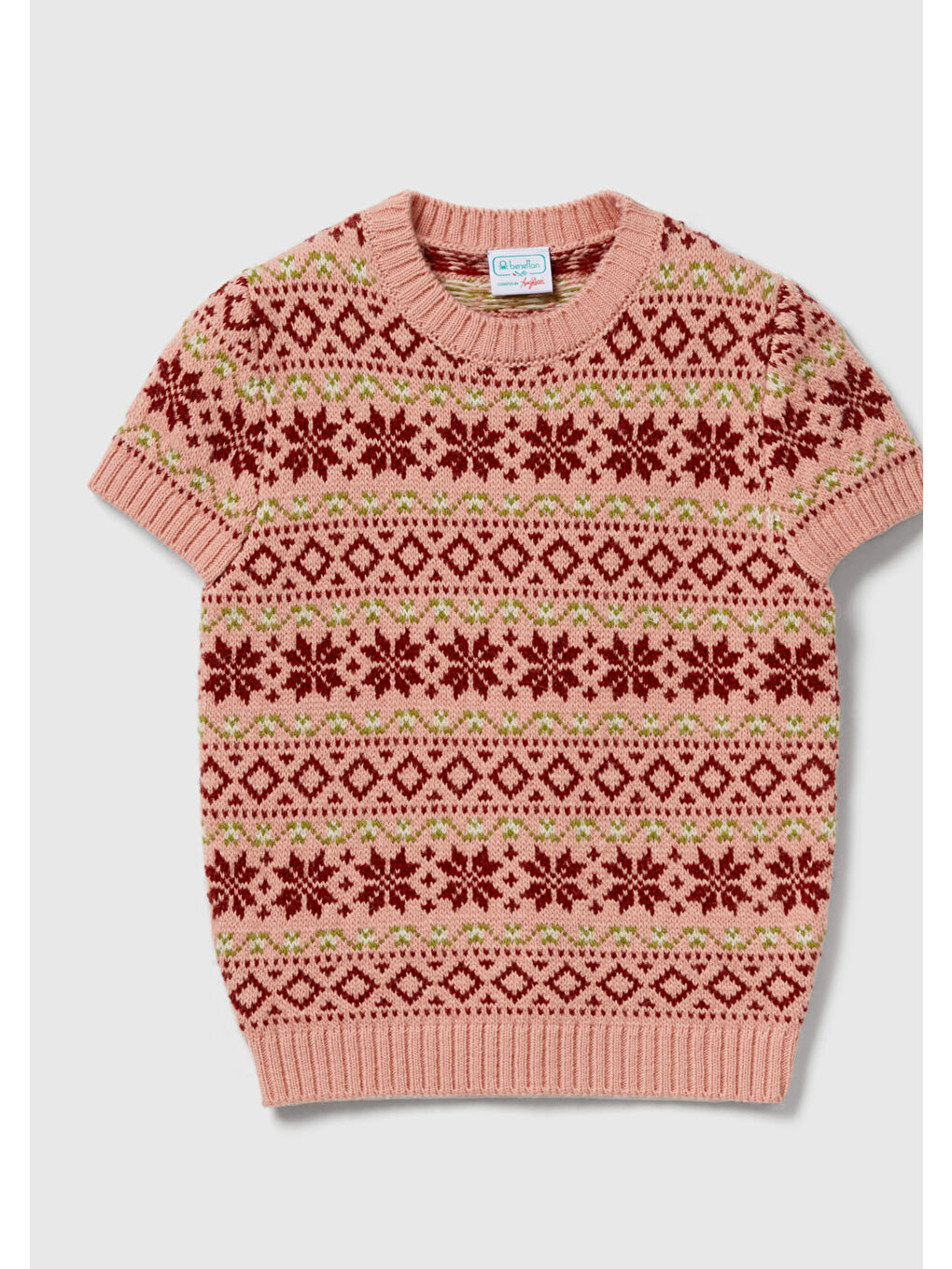 Pembe Kadın Gül Kurusu  Yün Alpaka Karışımlı Jakarlı Kısa Kollu Stranger Things Kazak-1