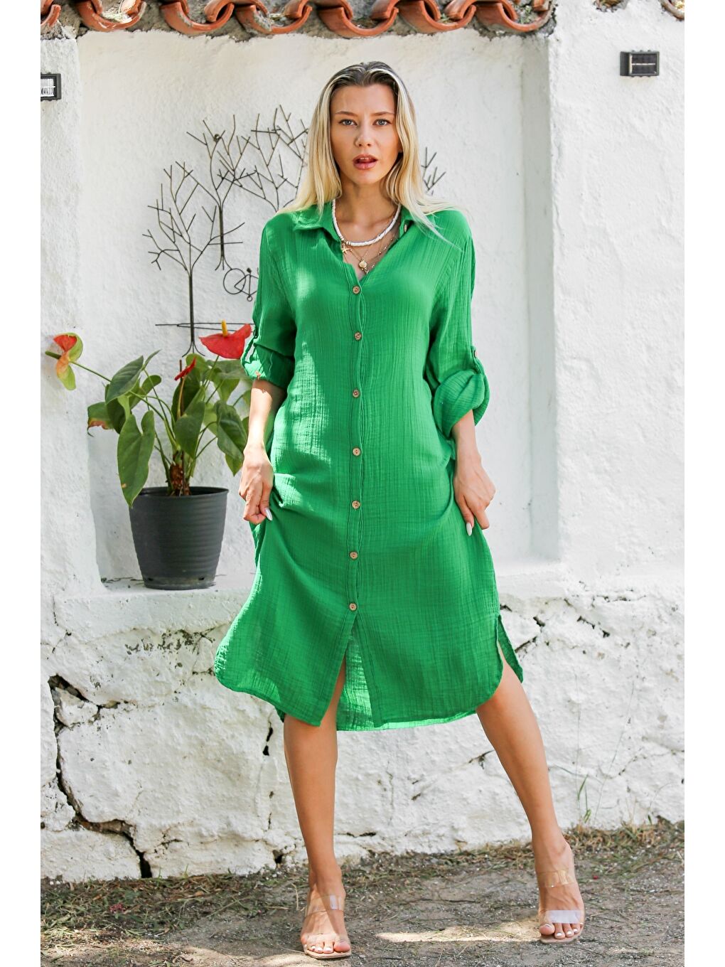 Yeşil Gömlek Yaka Düğmeli Uzun Kollu Çift Cepli Yıkamalı Dokuma Casual Müslin Elbise