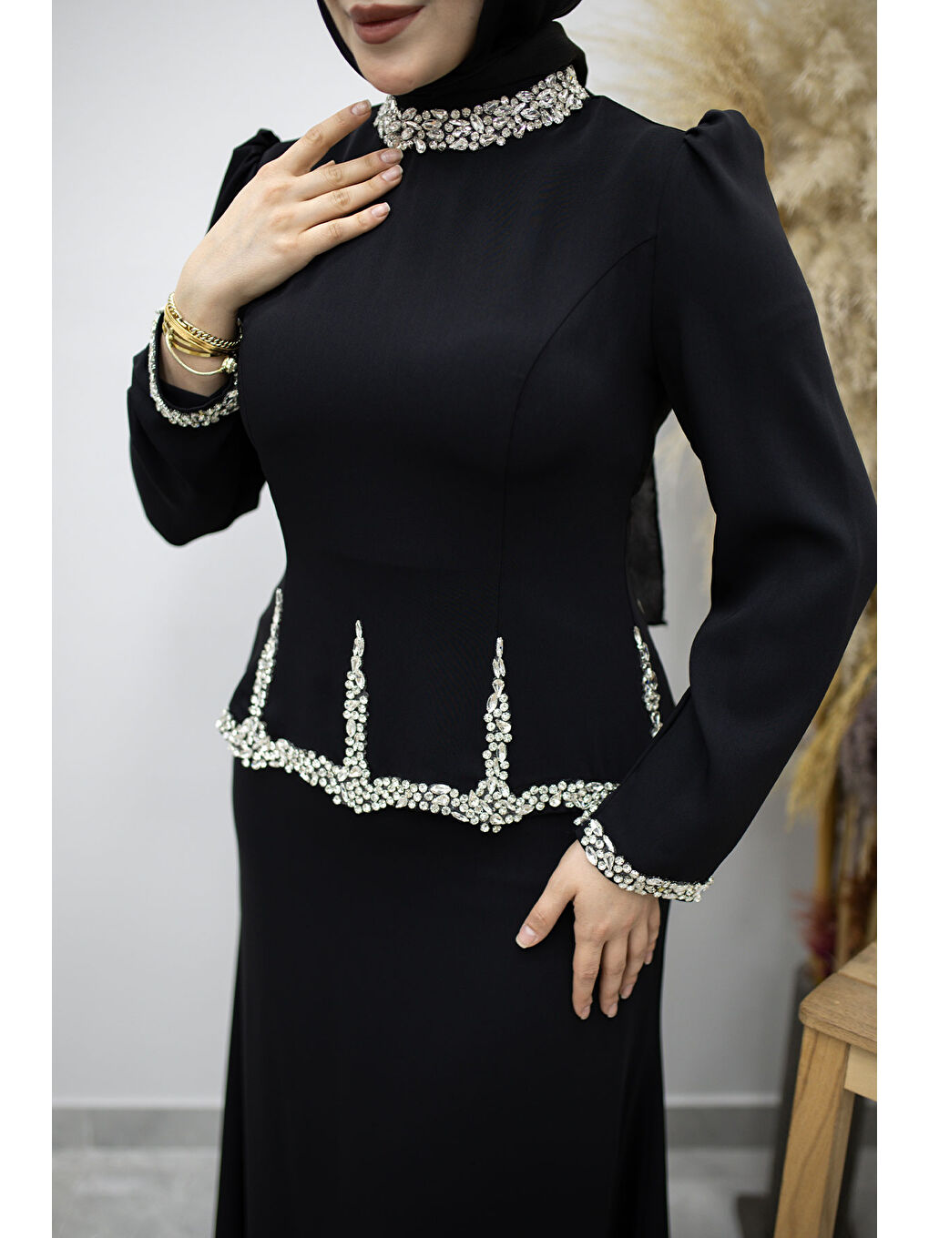 Taş İşlemeli Peplum Abiye TSD260195 Siyah-3