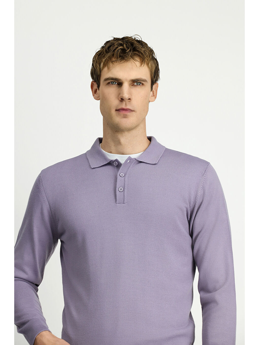 Lila Polo Yaka Düğmeli Regular Fit Sıcak Tutan Yünlü Triko Kazak-1