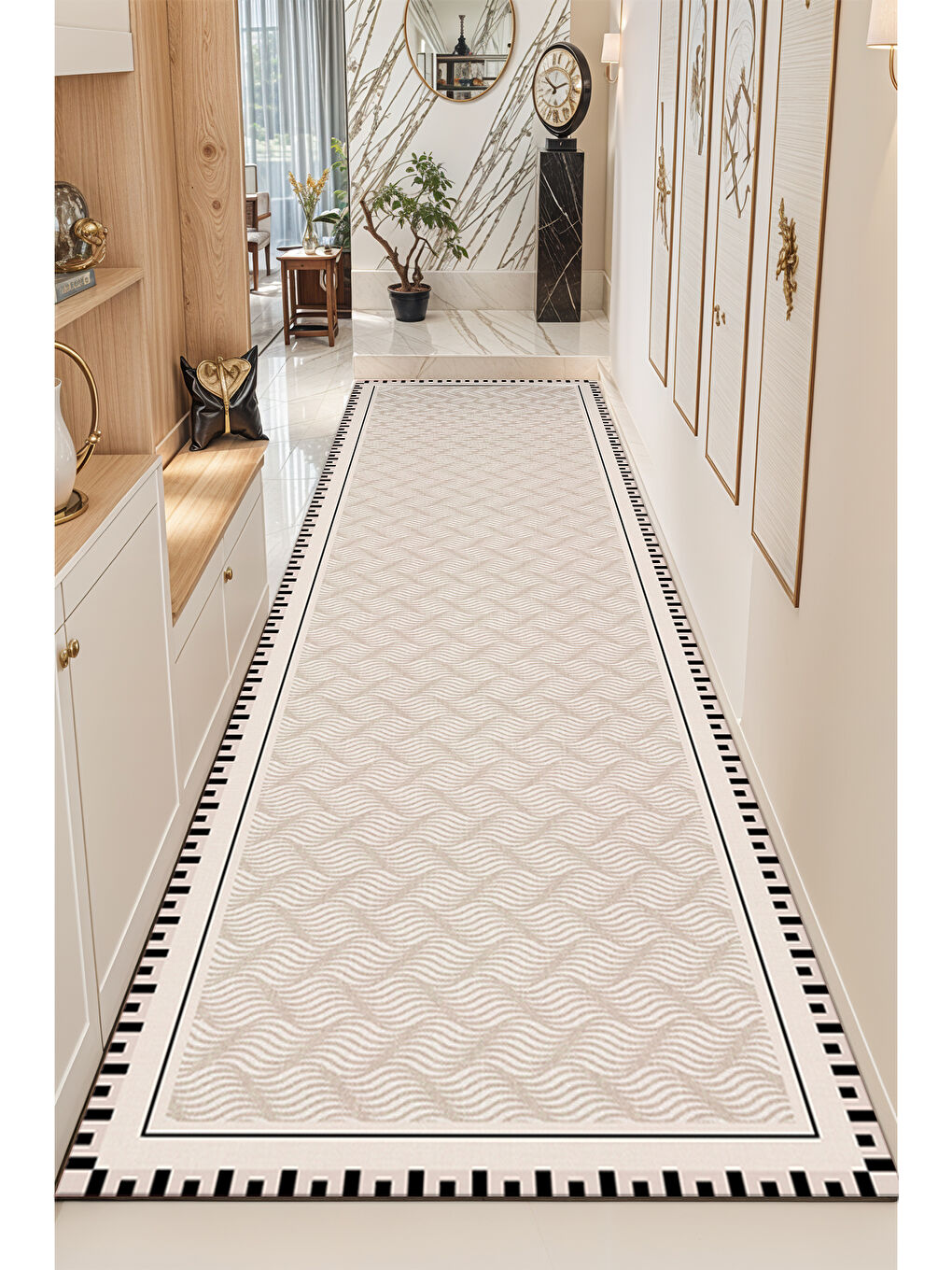Ekru Modern Dekoratif Yıkanabilir Kaymaz Taban Halı – İnce, Yumuşak Salon Halısı, Mutfak Halısı ve Yolluk-4