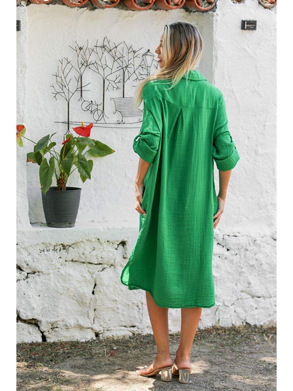 Yeşil Gömlek Yaka Düğmeli Uzun Kollu Çift Cepli Yıkamalı Dokuma Casual Müslin Elbise-7