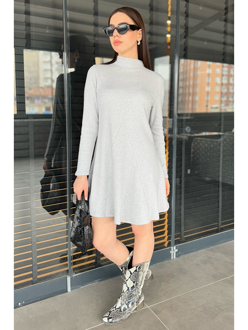 Gri Yarım Balıkçı Yaka Kadın Fitilli Mini Elbise-1