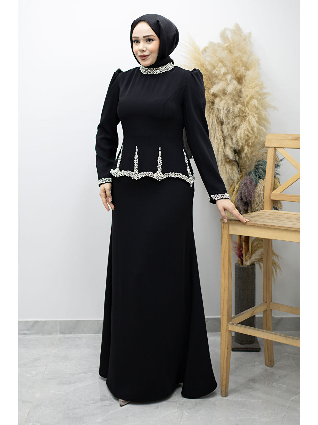 Taş İşlemeli Peplum Abiye TSD260195 Siyah-4