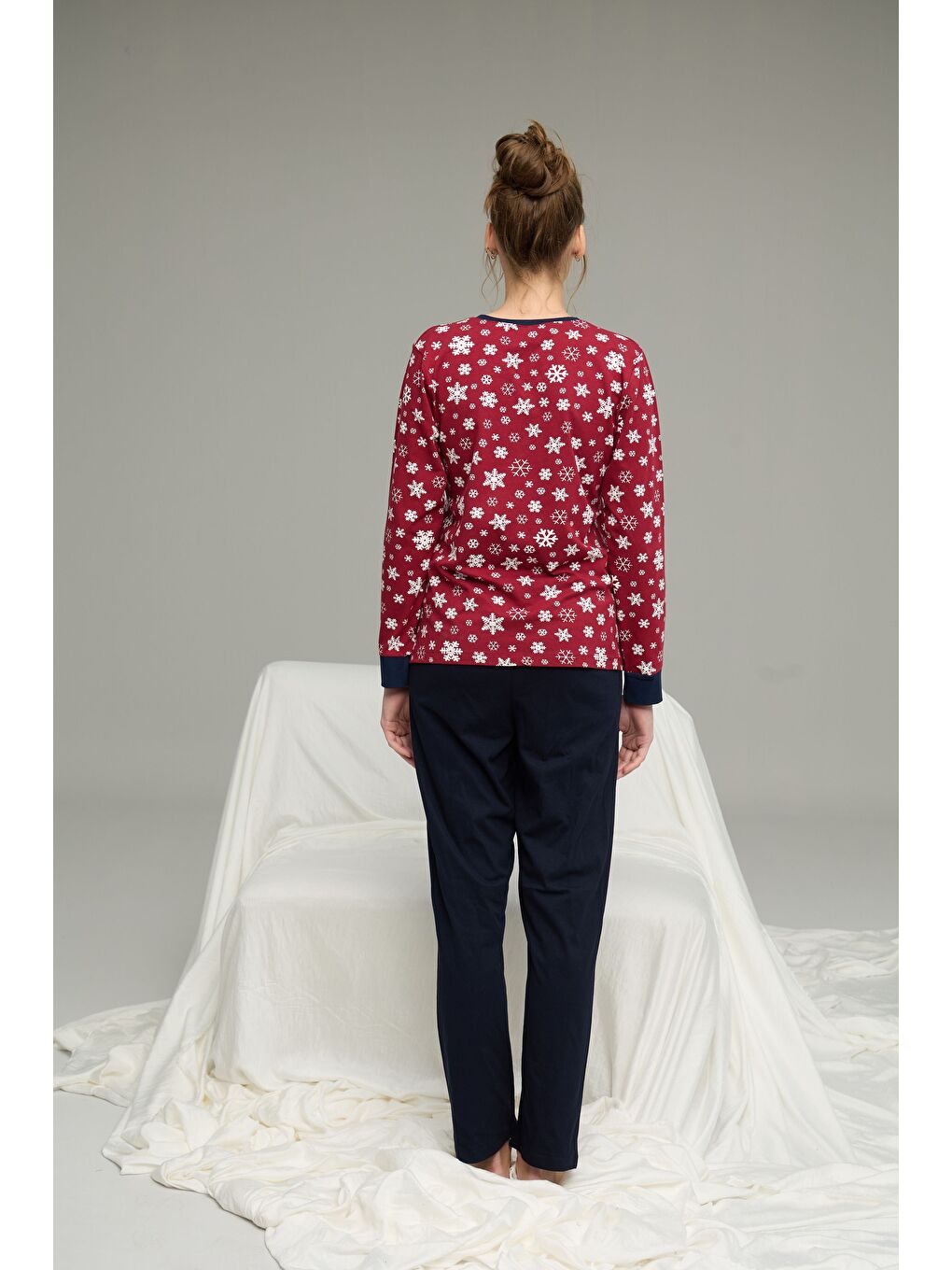 Bordo Kar Desenli Örme Pamuklu Pijama Takım25240240-2