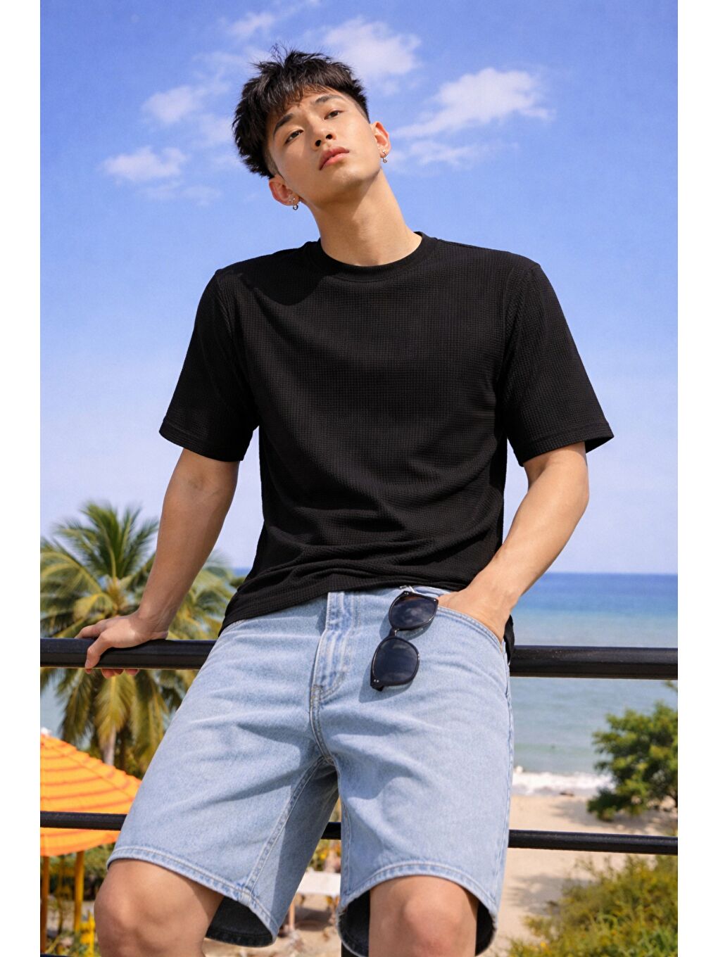 Siyah Erkek Jakarlı Oversize Tişört Bisiklet Yaka Rahat Kalıp Yazlık Basic T-Shirt-1