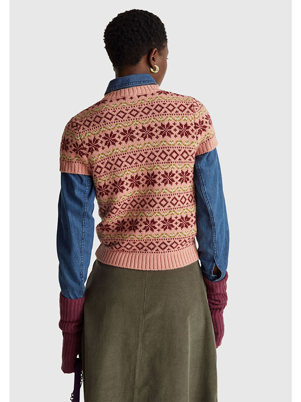 Pembe Kadın Gül Kurusu  Yün Alpaka Karışımlı Jakarlı Kısa Kollu Stranger Things Kazak-2