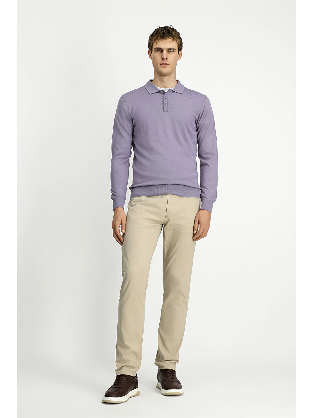 Lila Polo Yaka Düğmeli Regular Fit Sıcak Tutan Yünlü Triko Kazak-2