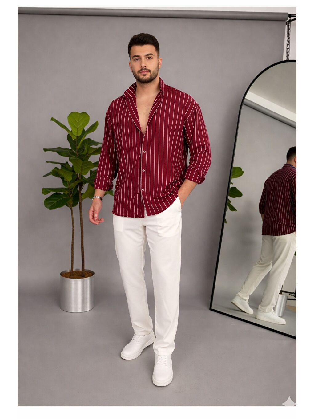 Bordo Erkek İki Çizgili Regular Relaxed Fit Uzun Kollu Gömlek-1