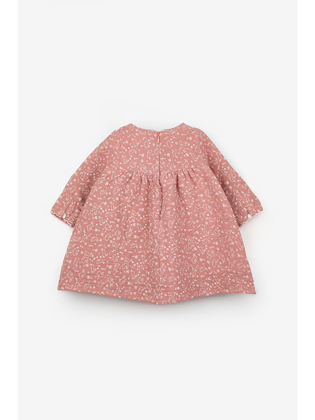 Pembe Gülkurusu Tavşan Nakışlı Kız Bebek Müslin Elbise - Lynne-1