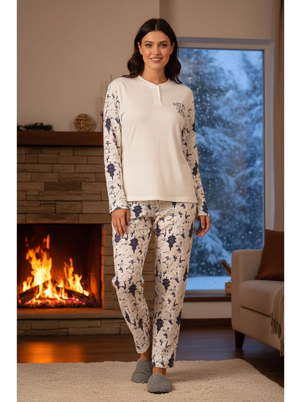 Kadın Termal Uzun Kol Pijama Takımı 4761 Ekru-2