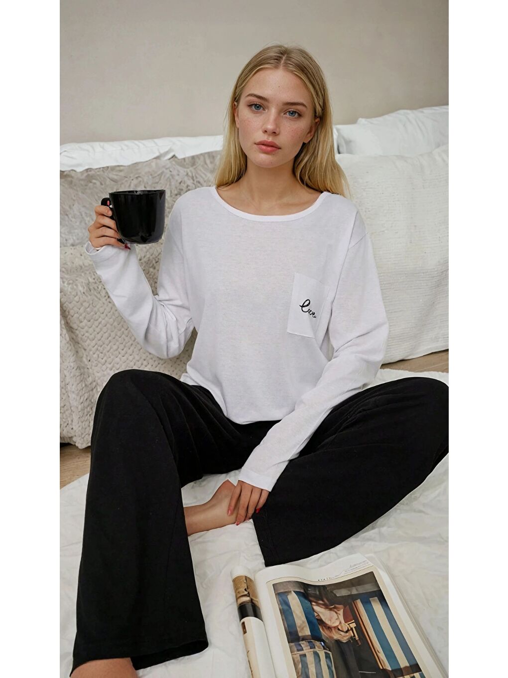 Beyaz Cep Detaylı Uzun Kollu Pijama Takımı