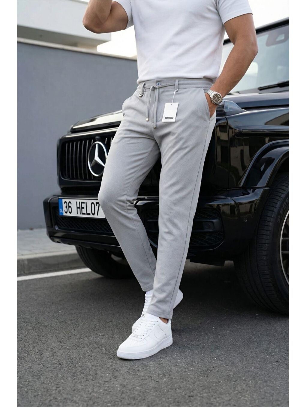 Gri Holl Beli Lastikli ve Bağcıklı Elastanlı Esnek Örme Jogger Pantolon