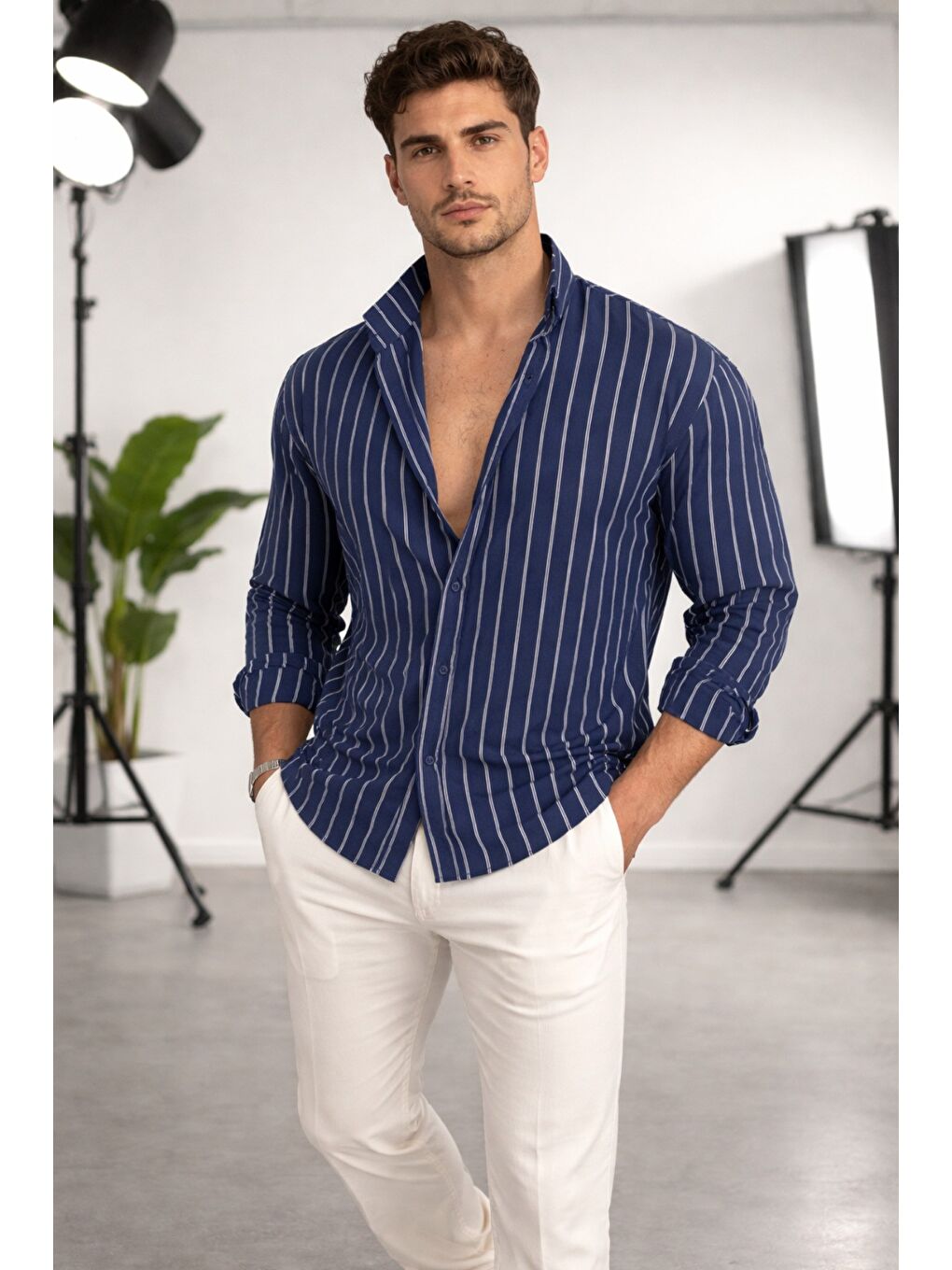 Lacivert Erkek İki Çizgili Regular Relaxed Fit Uzun Kollu Gömlek