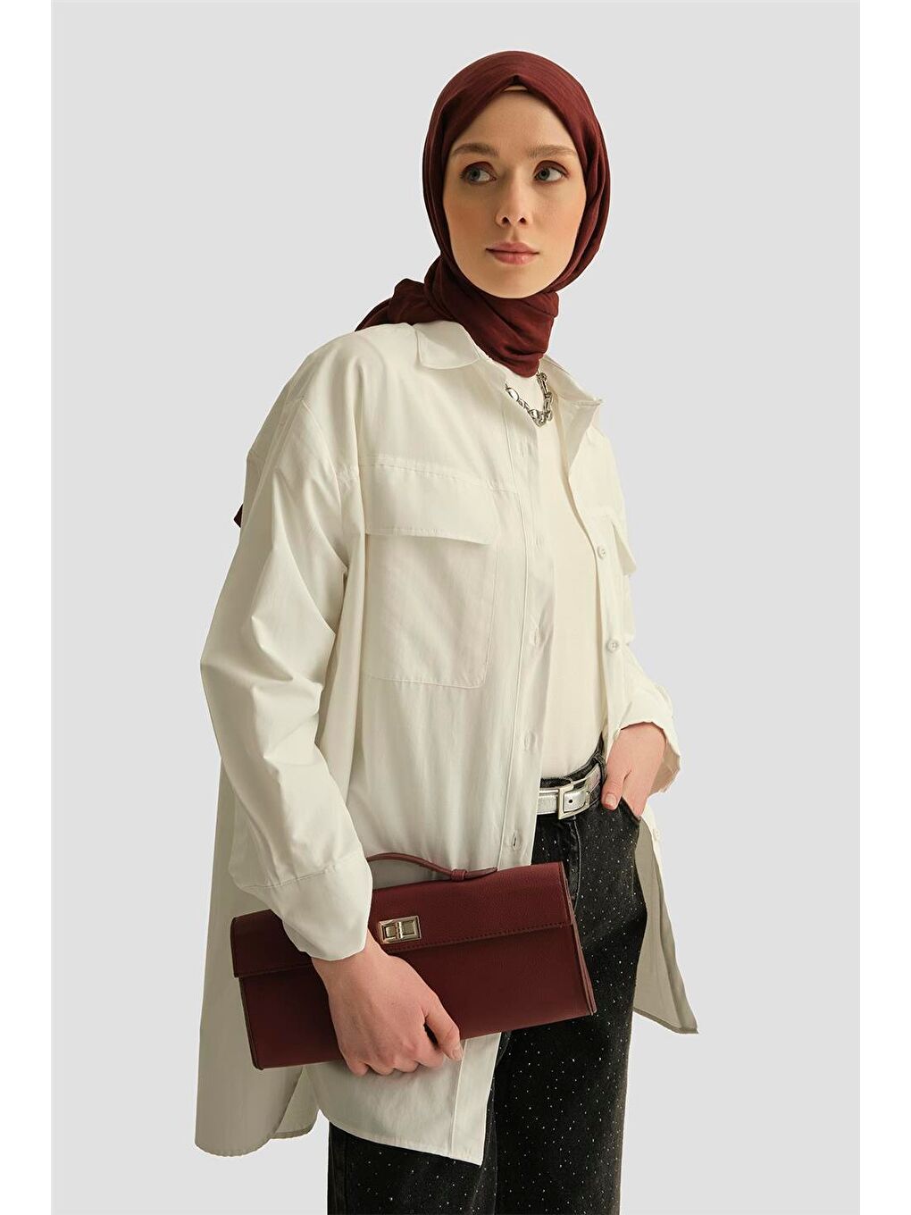 İki Cepli Oversize Gömlek 25Yh3443 Beyaz