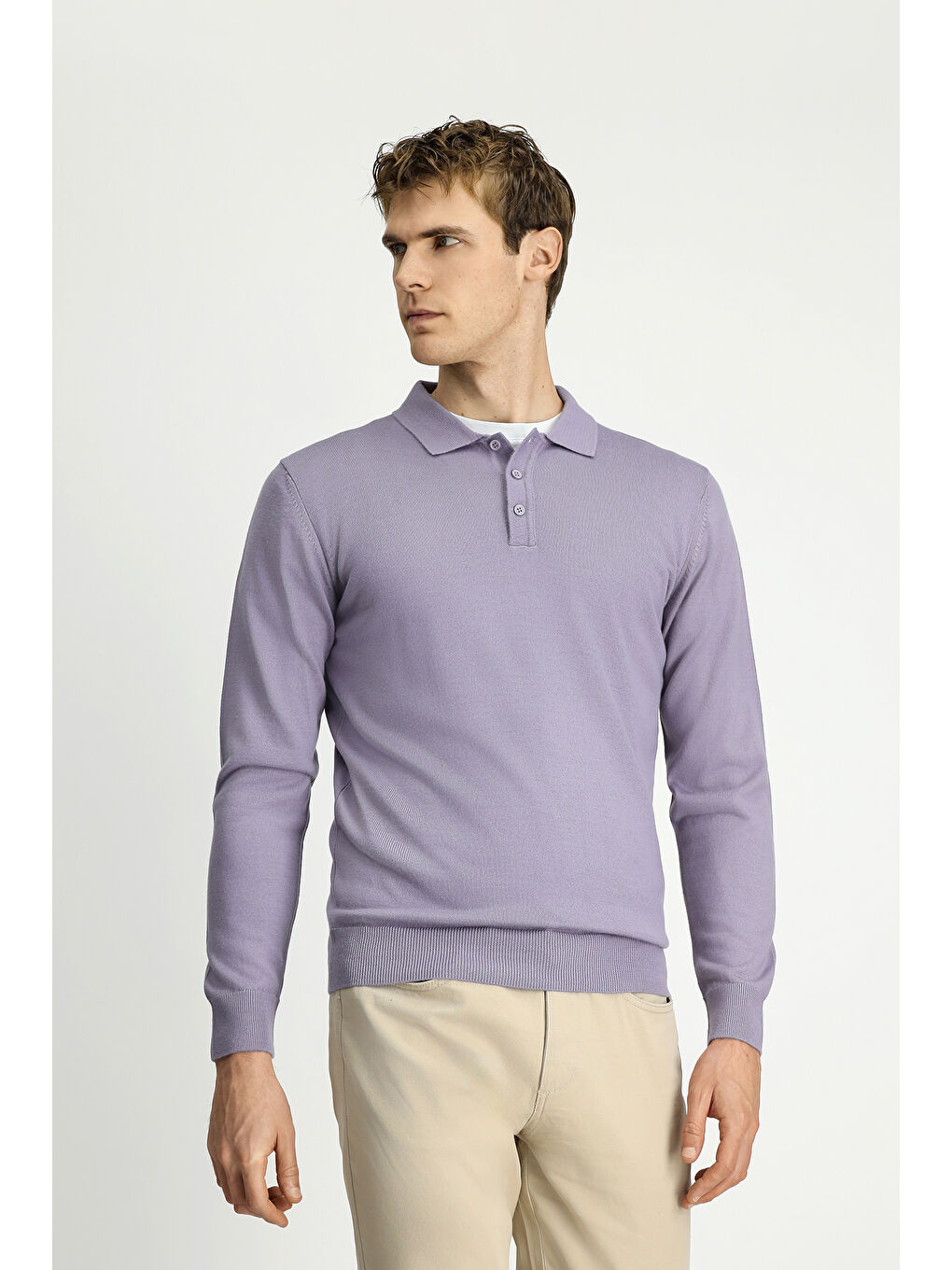 Lila Polo Yaka Düğmeli Regular Fit Sıcak Tutan Yünlü Triko Kazak-3