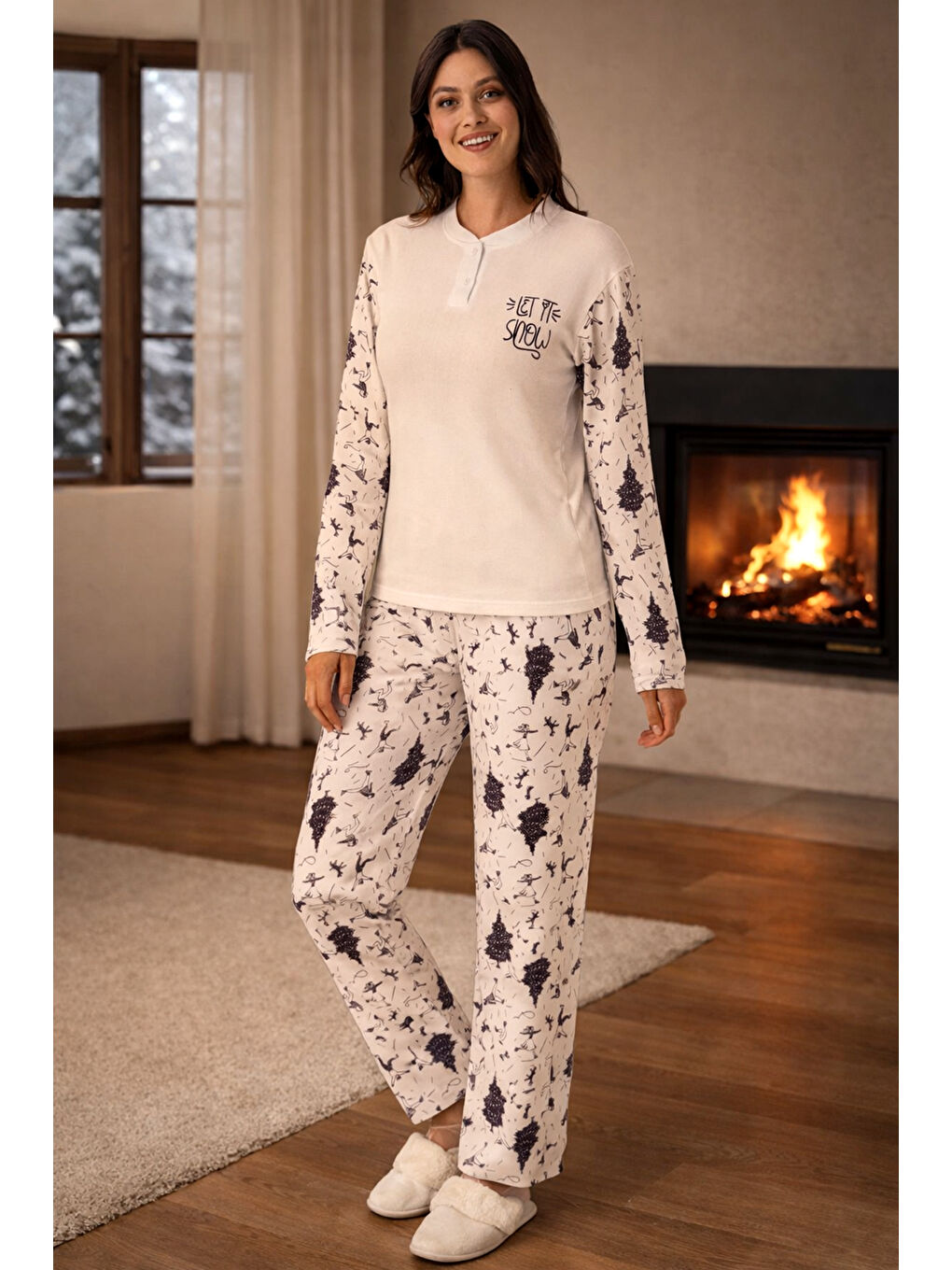 Kadın Termal Uzun Kol Pijama Takımı 4761 Ekru-3