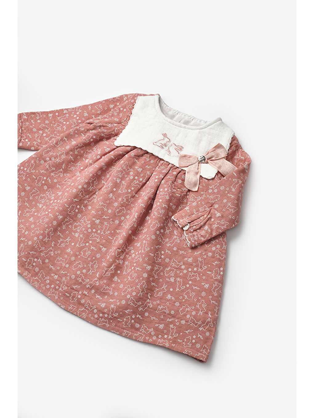 Pembe Gülkurusu Tavşan Nakışlı Kız Bebek Müslin Elbise - Lynne-2