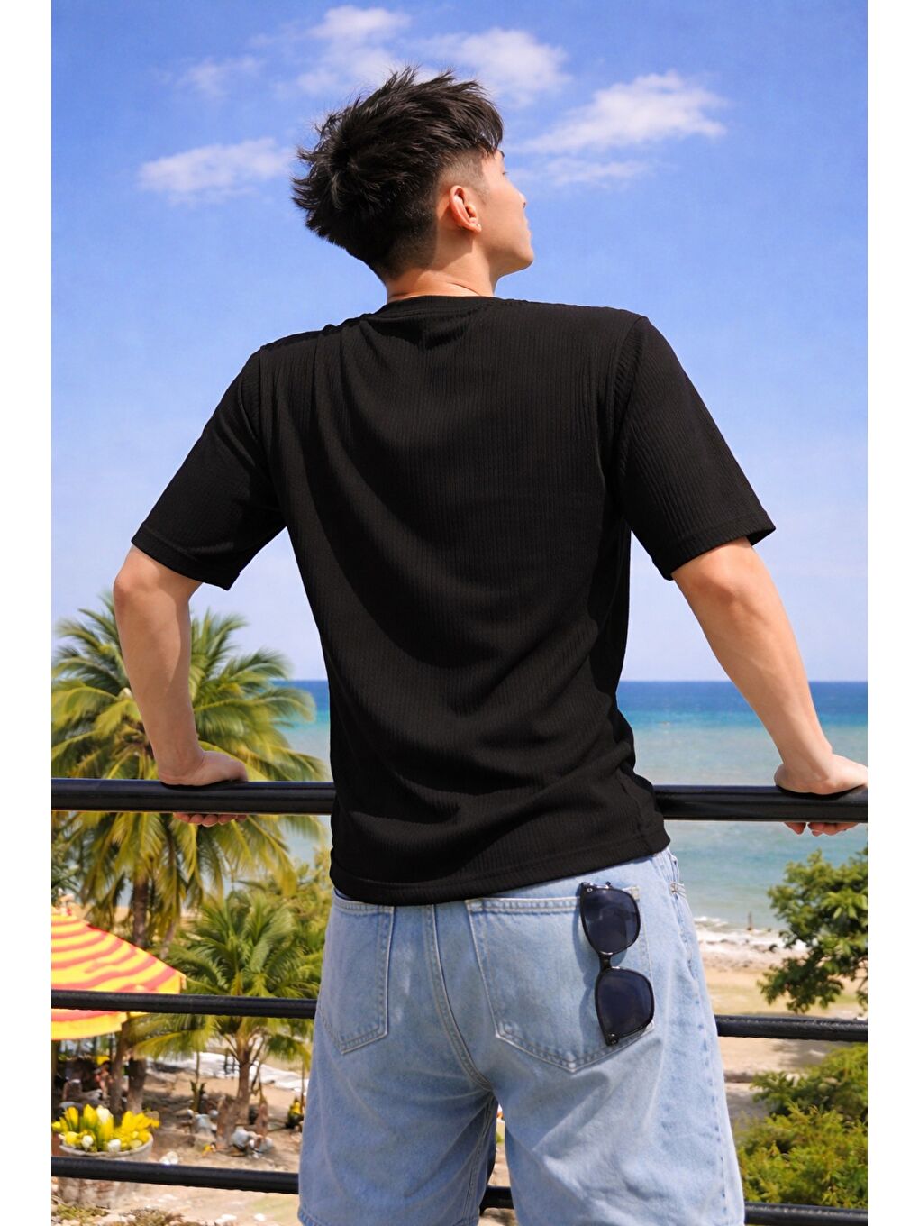 Siyah Erkek Jakarlı Oversize Tişört Bisiklet Yaka Rahat Kalıp Yazlık Basic T-Shirt-2