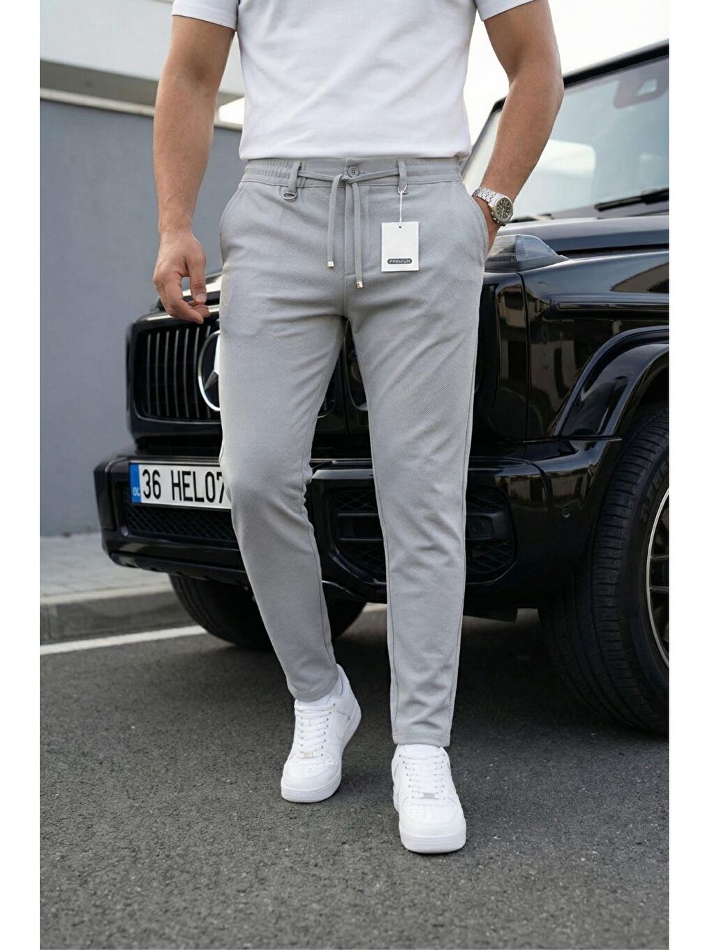 Gri Holl Beli Lastikli ve Bağcıklı Elastanlı Esnek Örme Jogger Pantolon-1