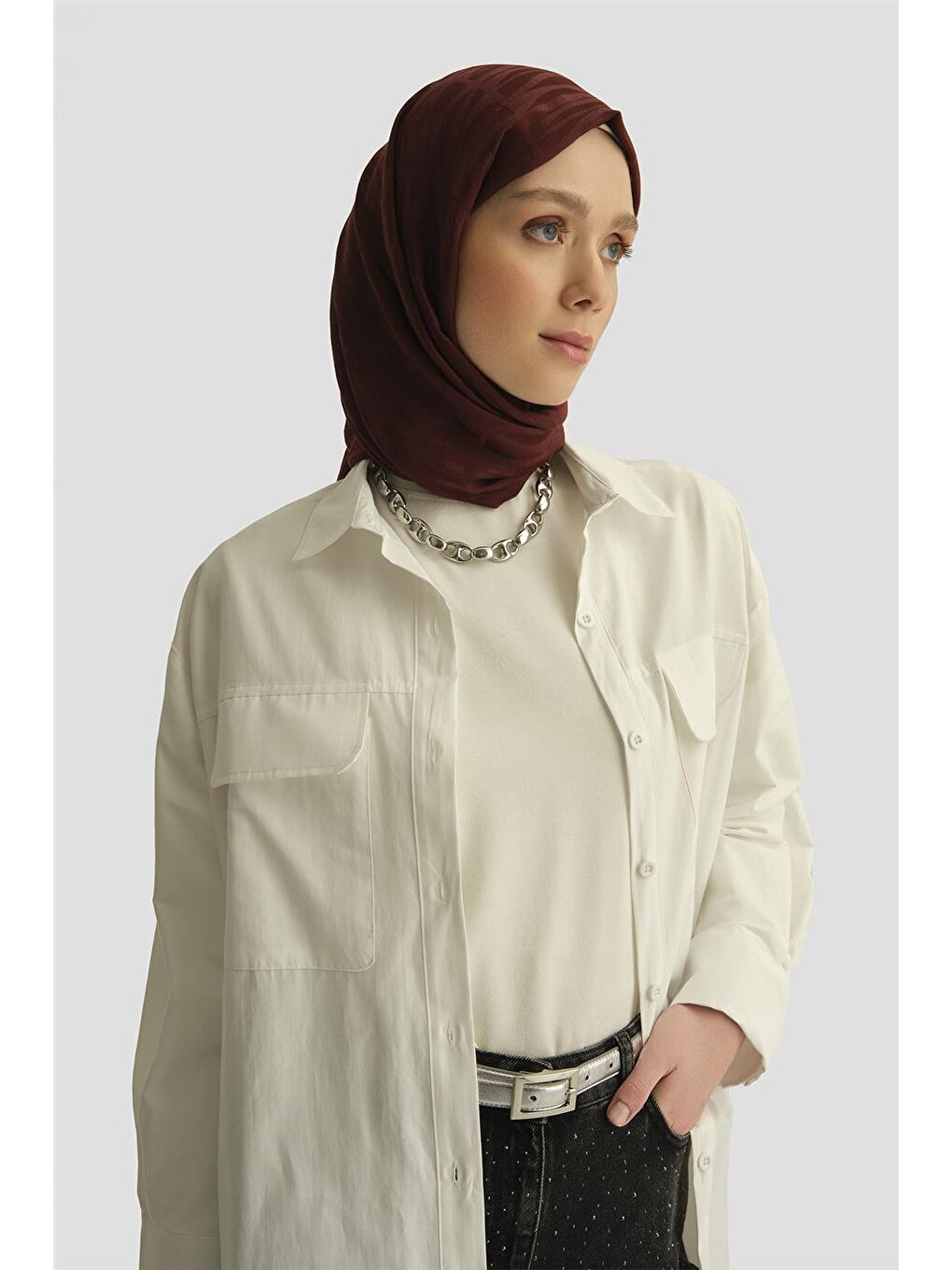 İki Cepli Oversize Gömlek 25Yh3443 Beyaz-2