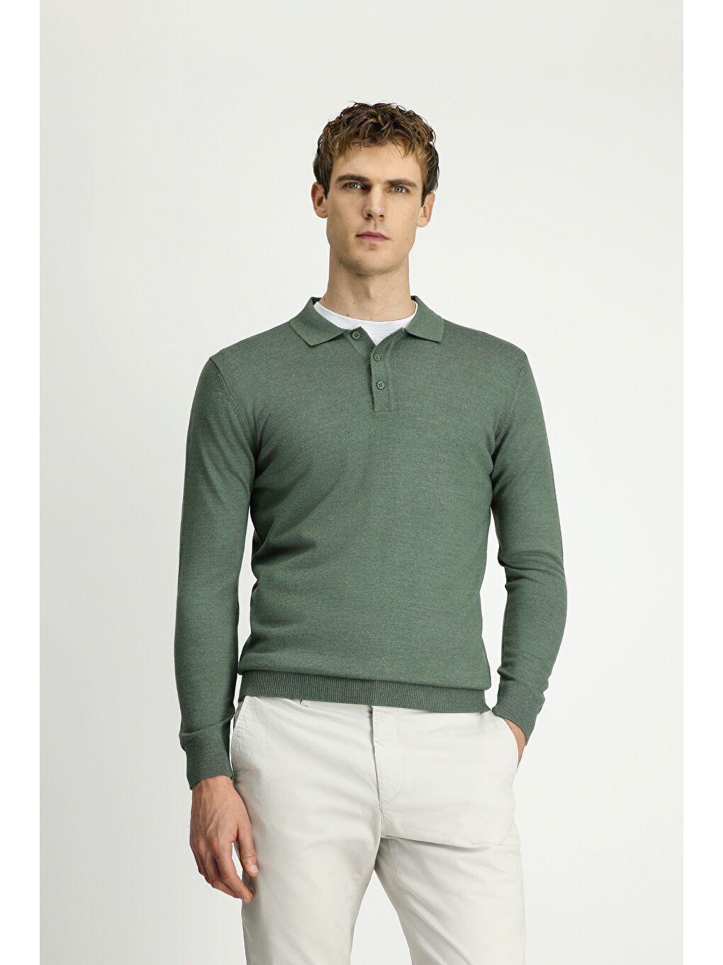 Haki Polo Yaka Düğmeli Regular Fit Sıcak Tutan Yünlü Triko Kazak