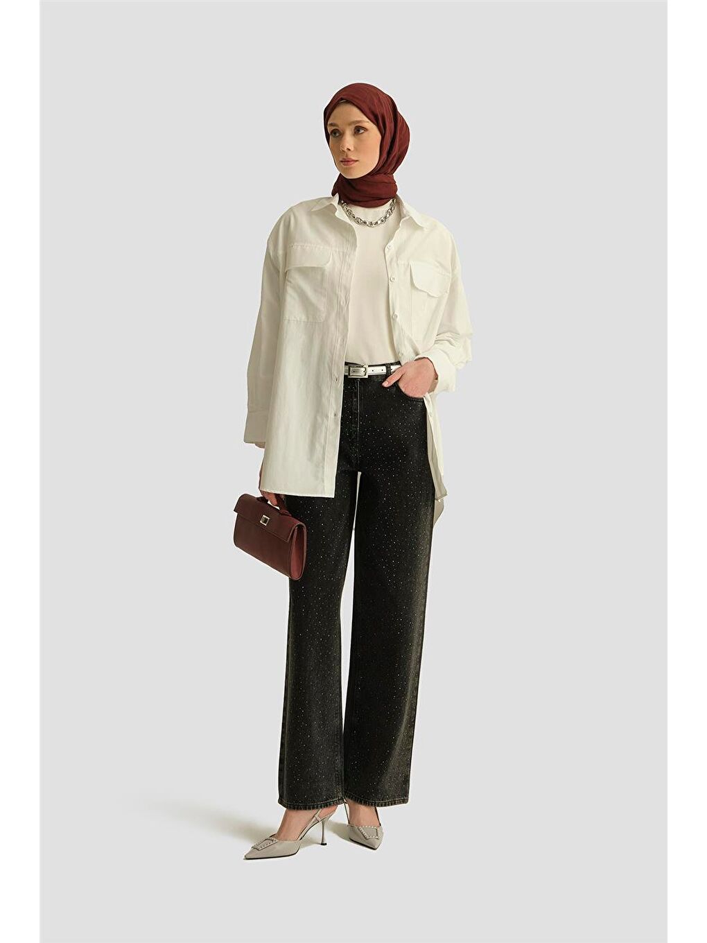 İki Cepli Oversize Gömlek 25Yh3443 Beyaz-3